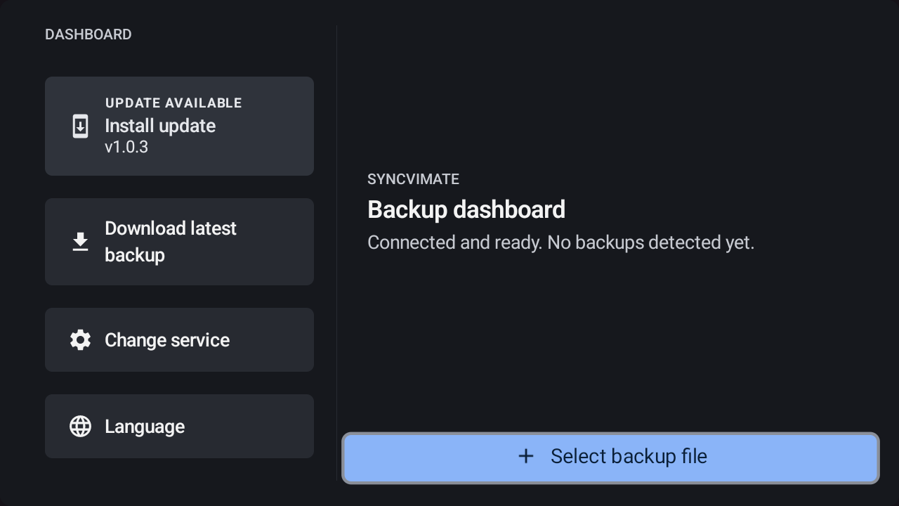 Dashboard - Select Backup